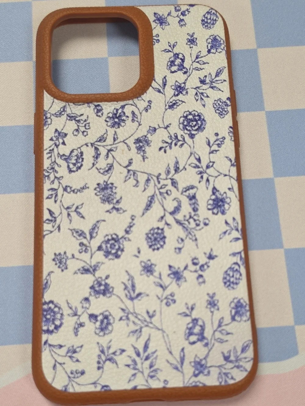 Blue Floral Leather Phone Case with Brown Trim Iphone 14 Pro Max